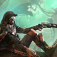 Destiny 2's Cayde-6 sits on a pile of wreckage holding his Ace of Spades hand cannon.